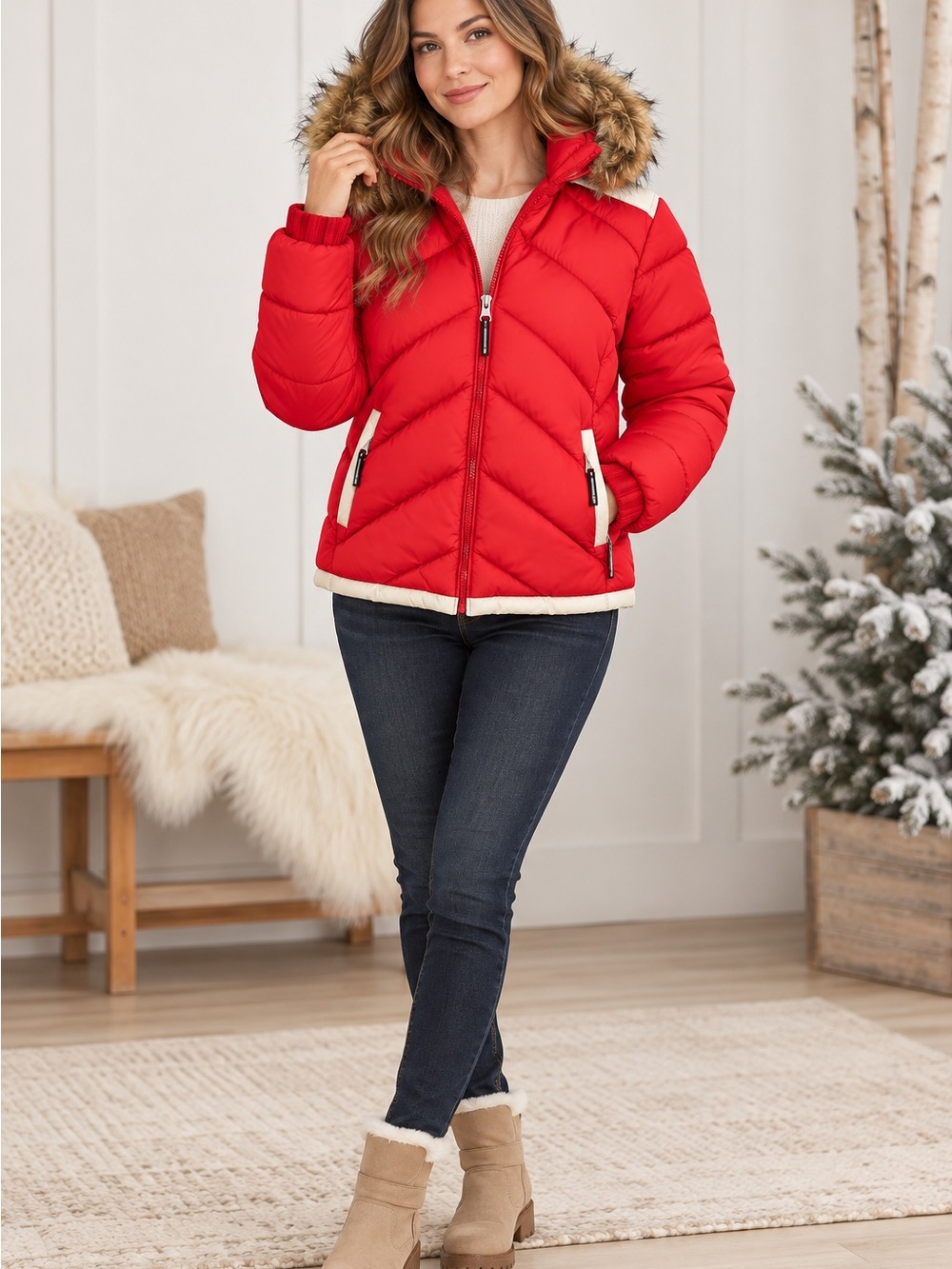 Whispering Smith Red Puffer Jacket with Faux-Fur Hood — Women’s Small